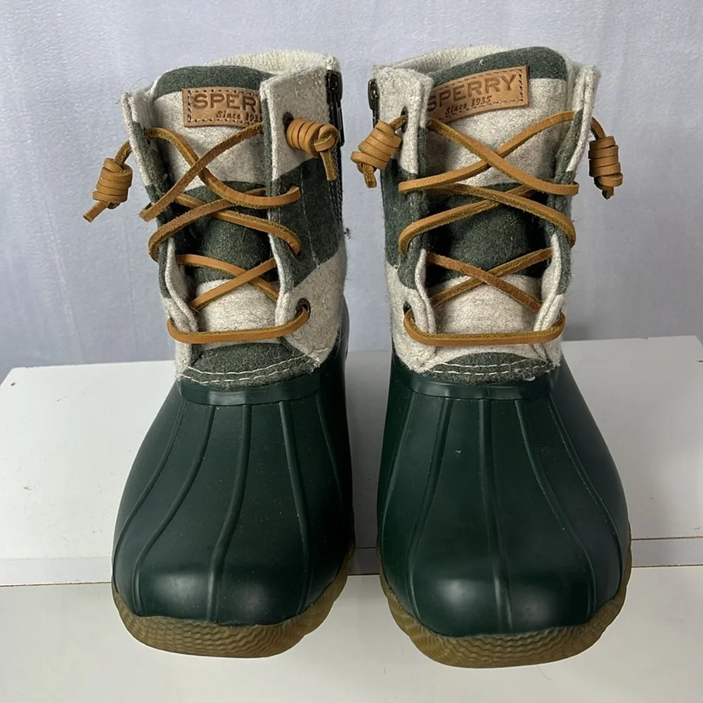 Sperry Saltwater Varsity Stripe Duck‎ Snow/Rain Boots Oat/Green.